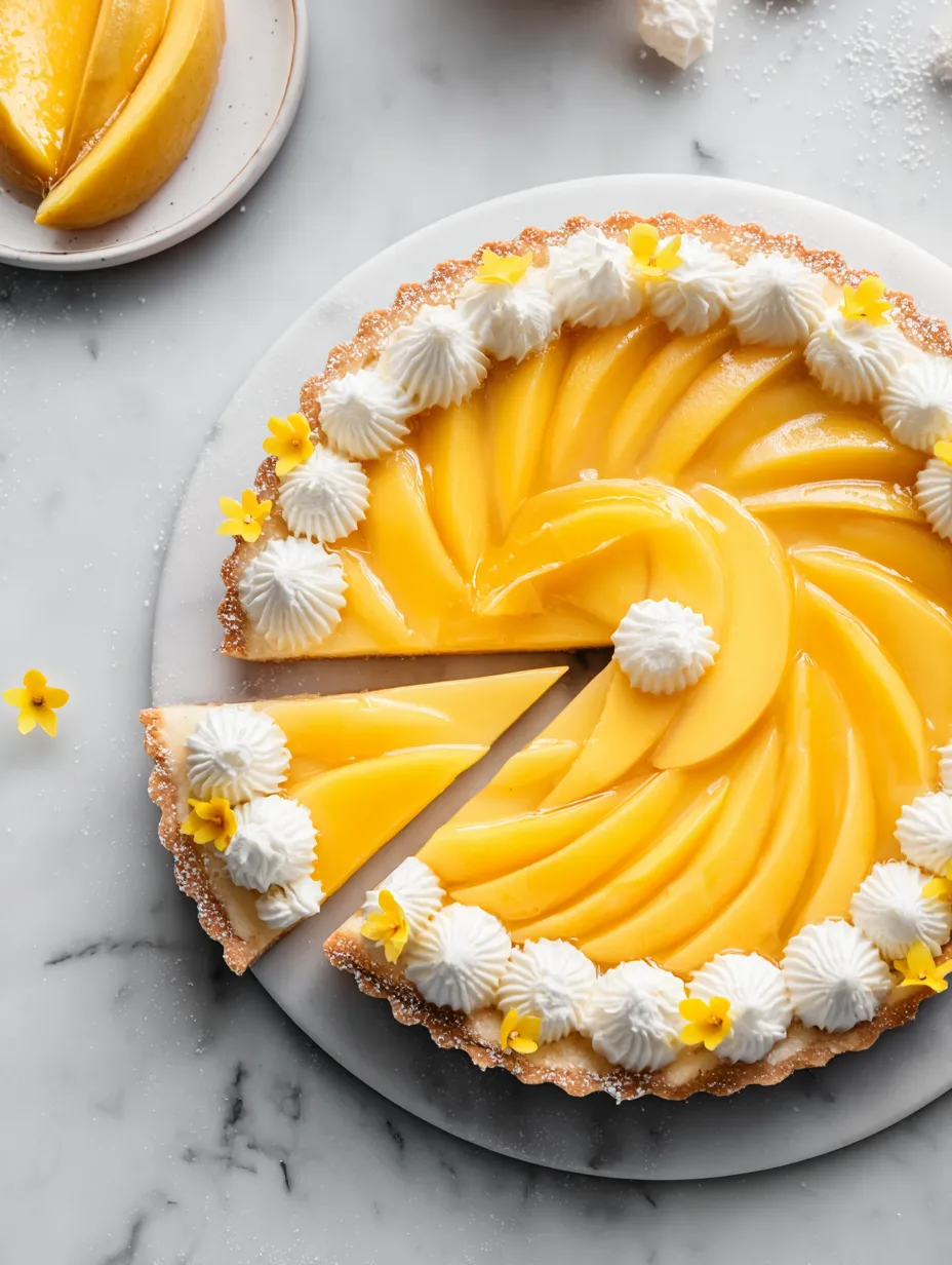 A slice of pie showing golden mango filling.