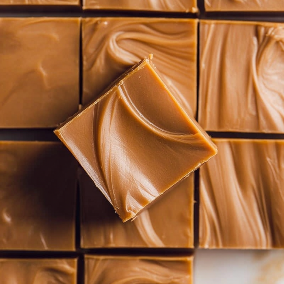 A square piece of caramel fudge on a plate.