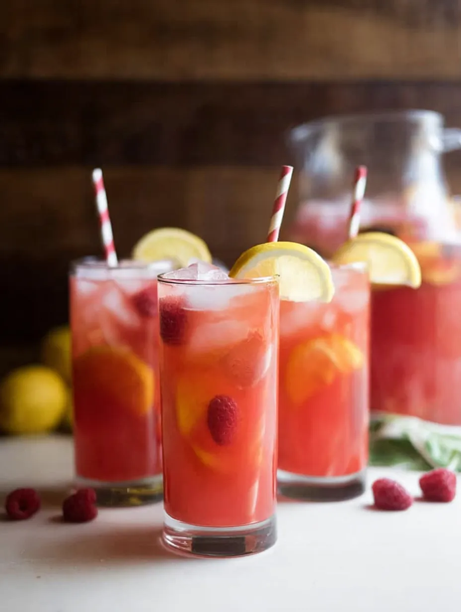 Three glasses with rosy-red lemonade and lemon wedges on top.