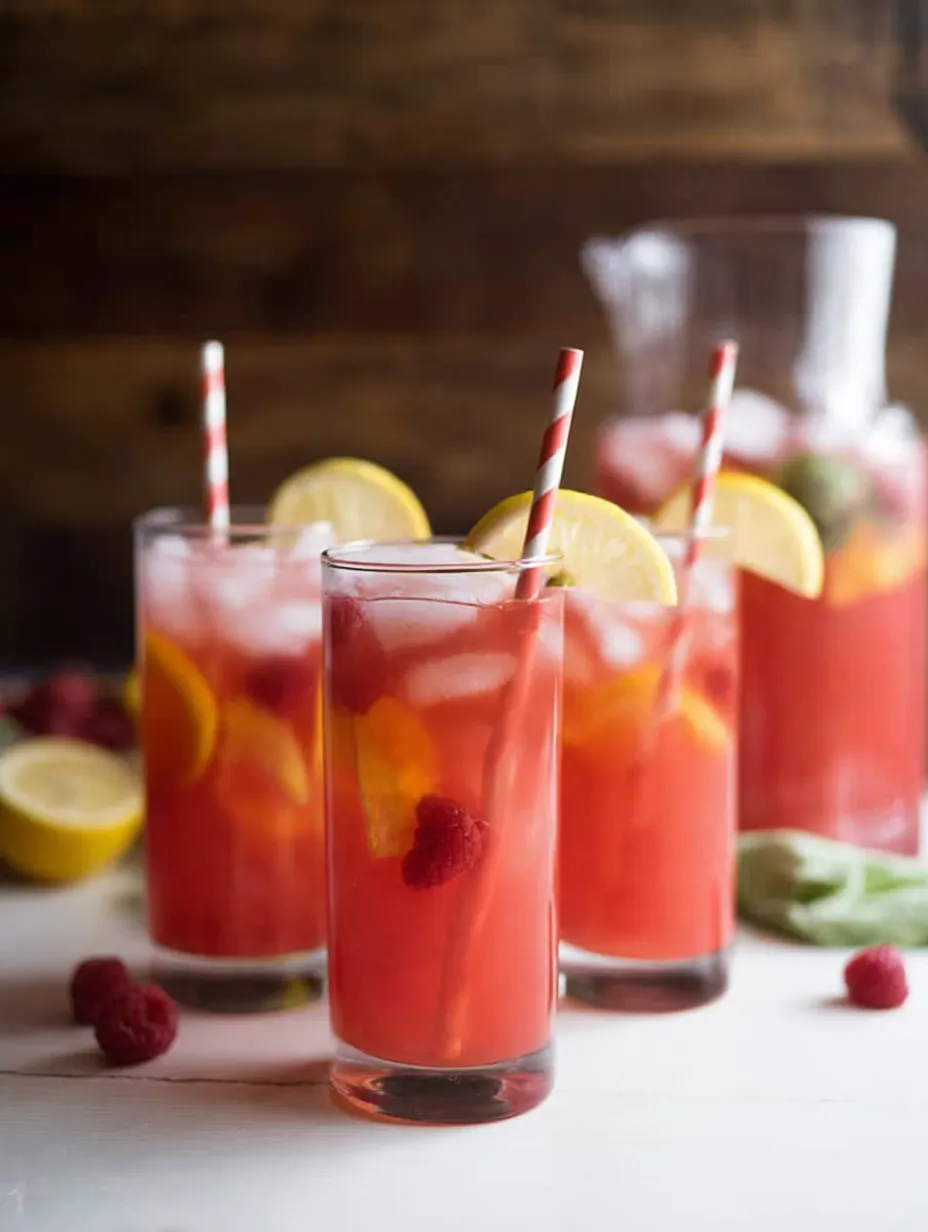 Three glasses holding pink lemonade and striped straws.