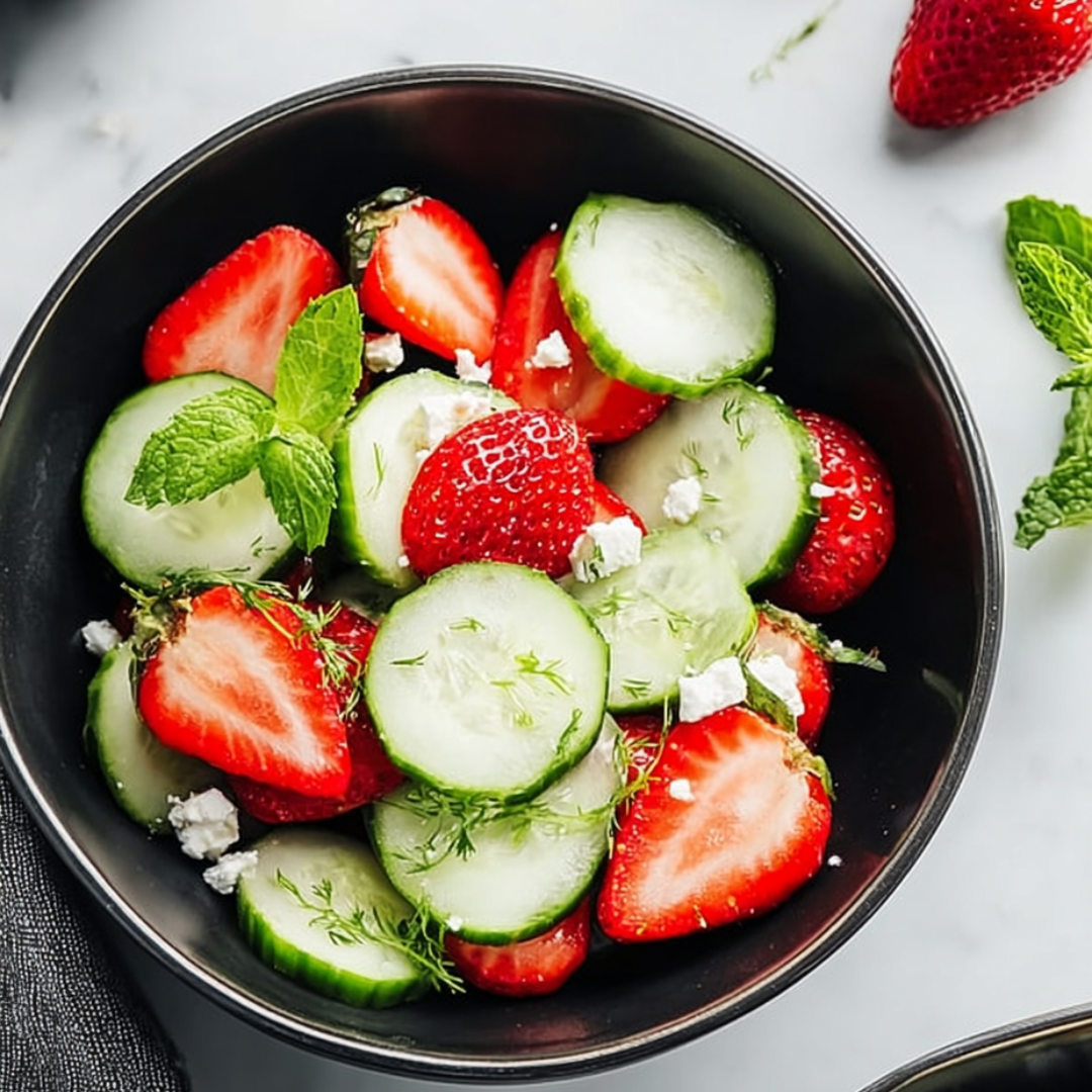 Bowl piled with strawberries, cucumber slices, and fresh mint.