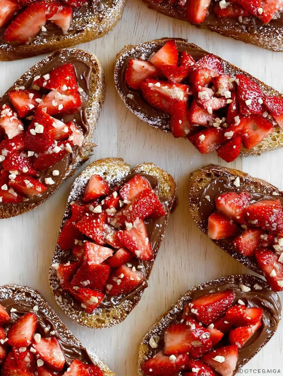 Close view of bread piled with strawberries and chocolate.