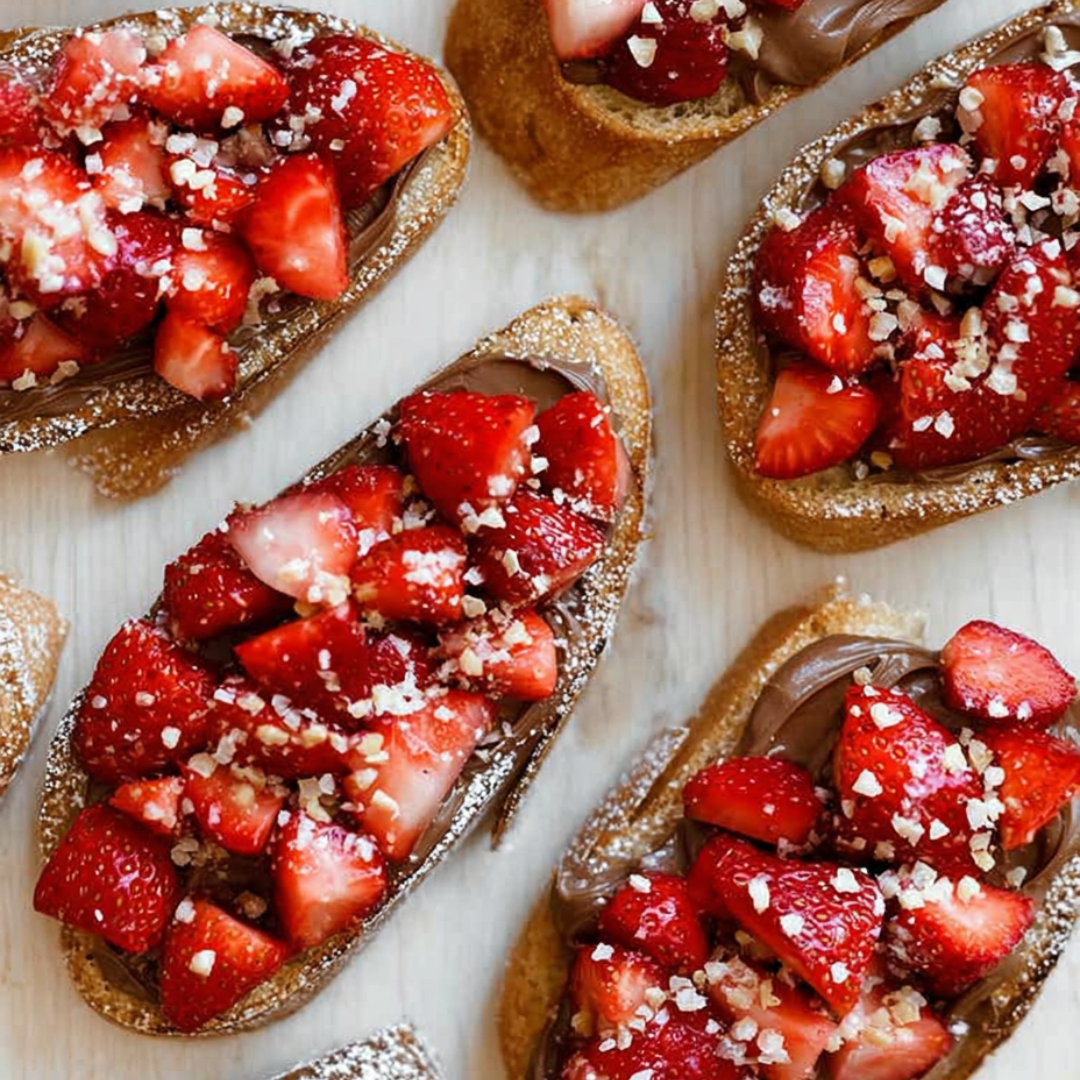 Close up view of a croissant covered in chocolate and strawberries.