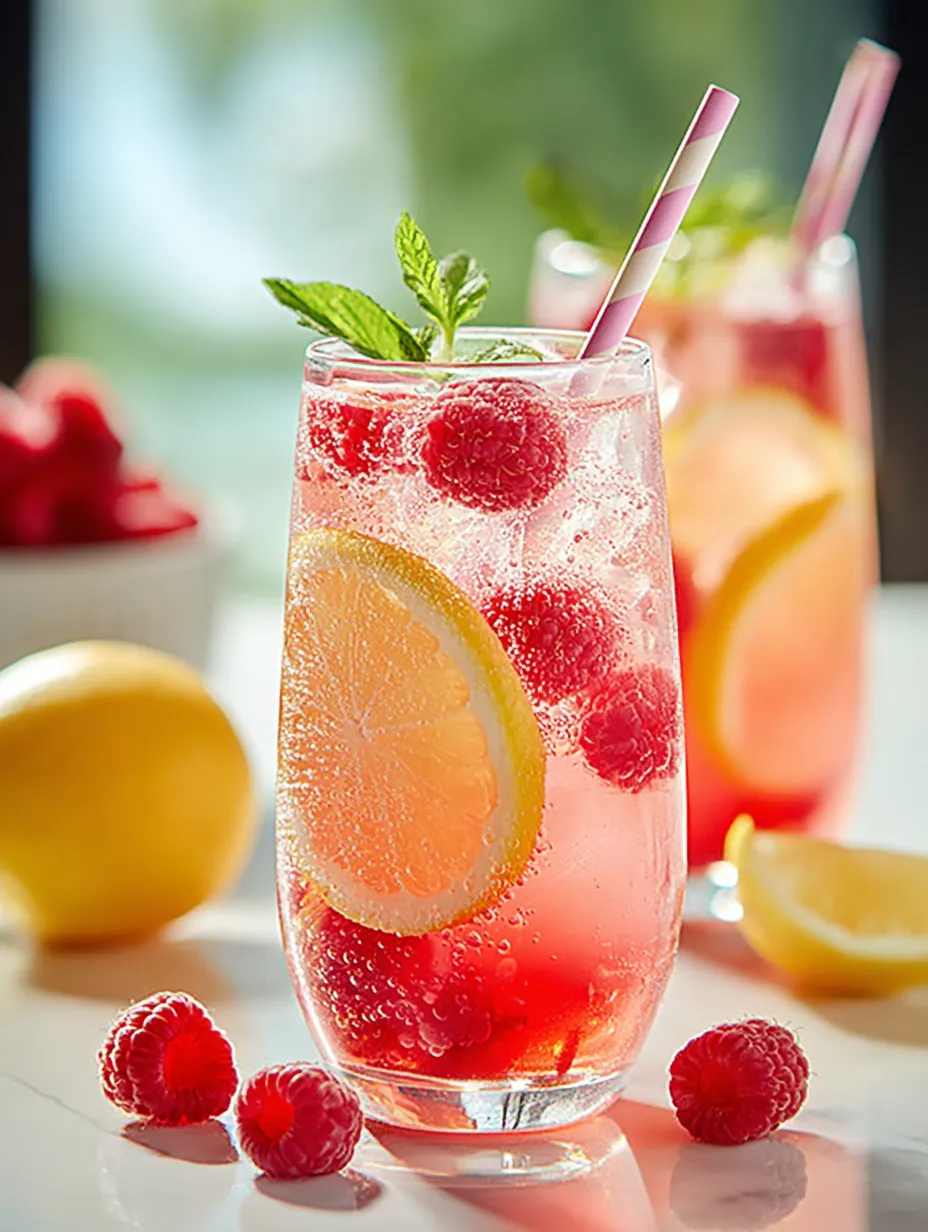 A glass of pink lemonade with a lemon slice and a raspberry.