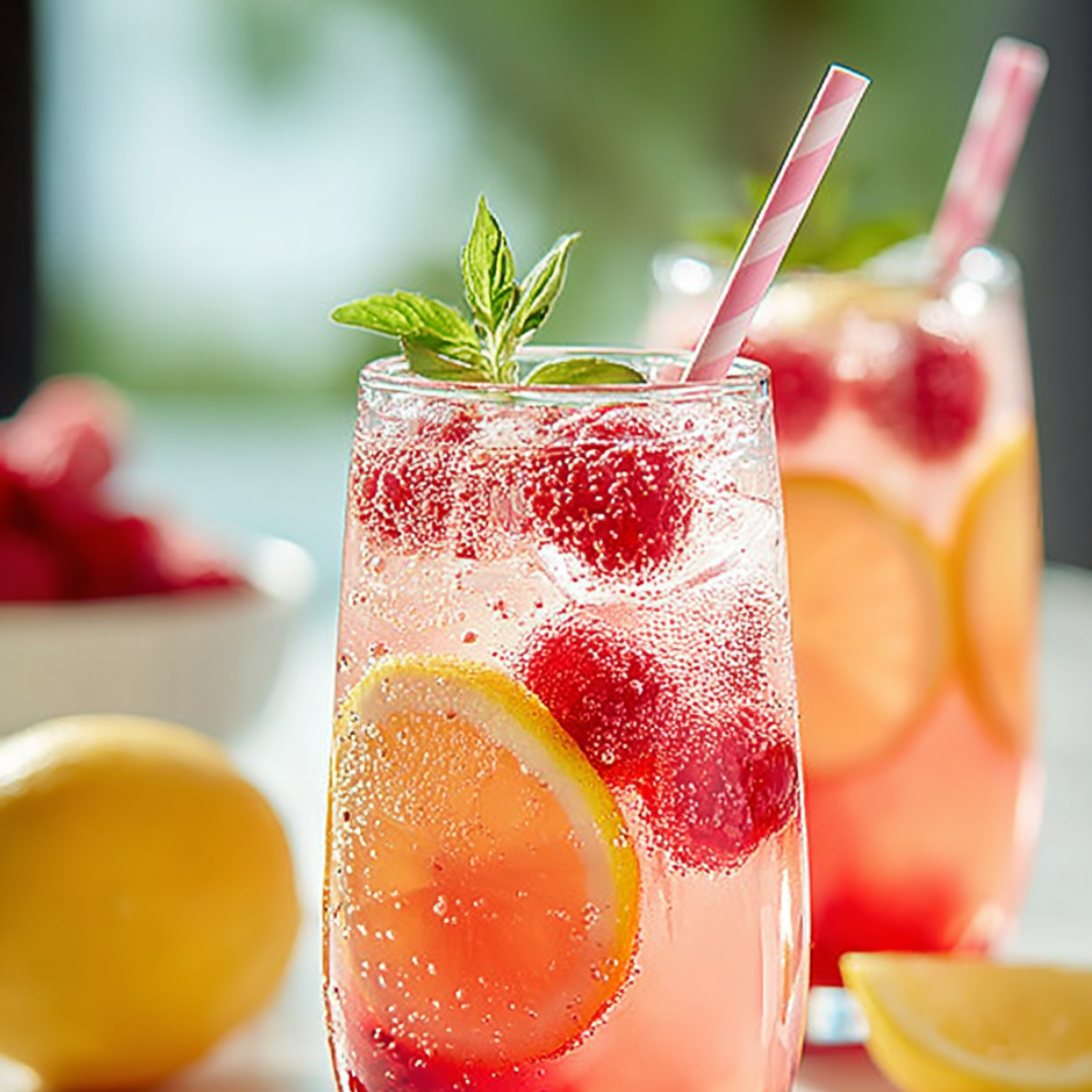 Two glasses of rosy lemonade with slices of lemon floating inside.