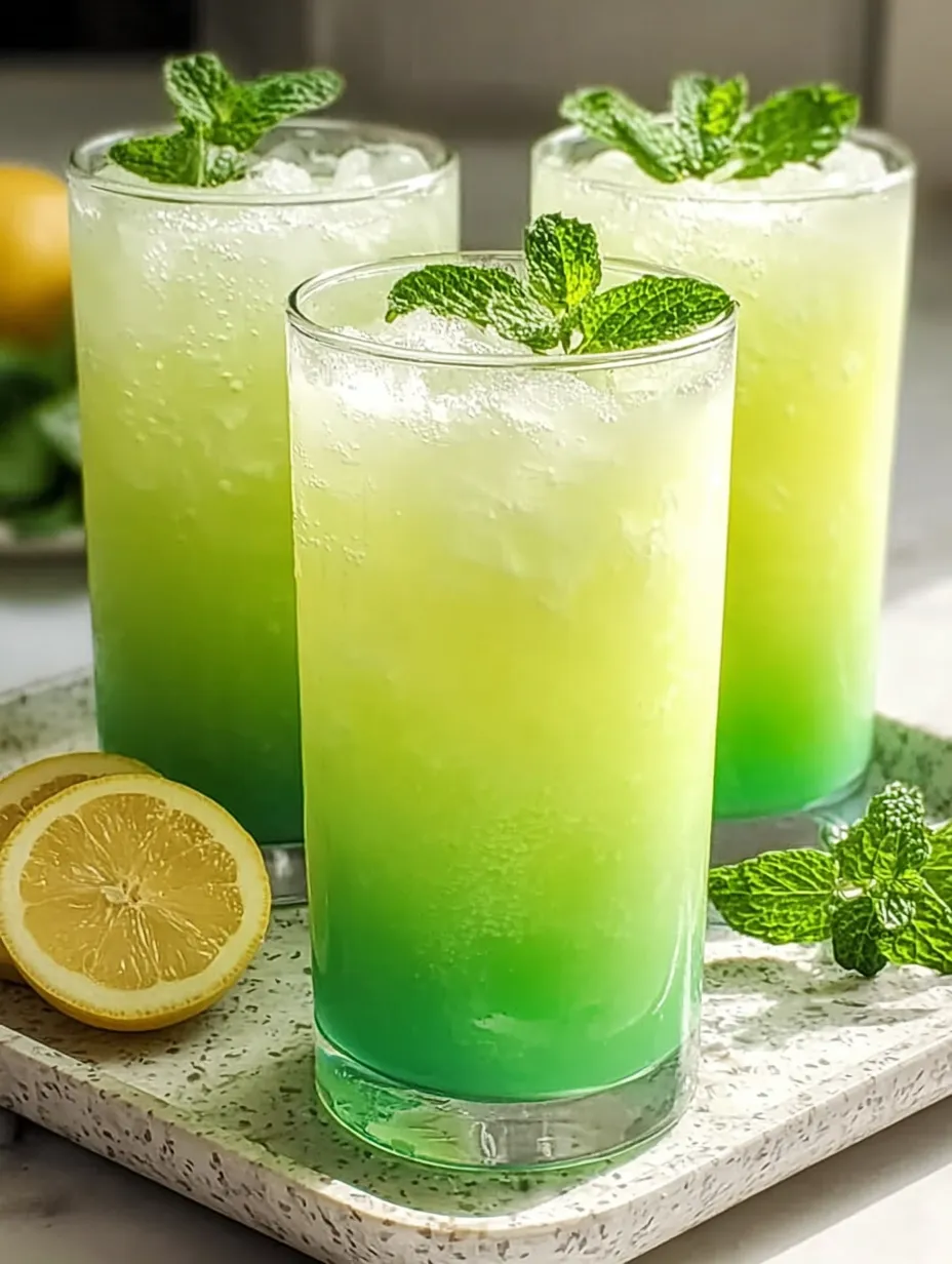 Two tall glasses with green and yellow drinks inside.