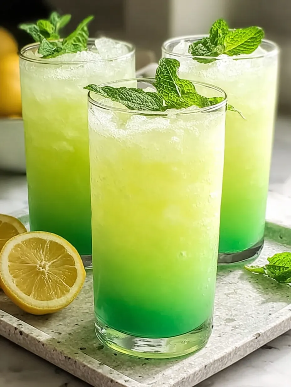 Two glasses filled with green tea, lemon slices, and mint leaves.