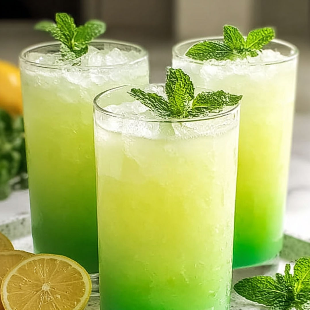Three glasses holding vibrant green and yellow drinks.
