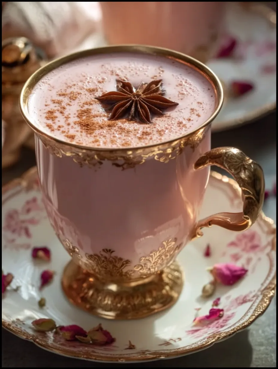 A cup of pink drink with a gold rim and a spoon in it.
