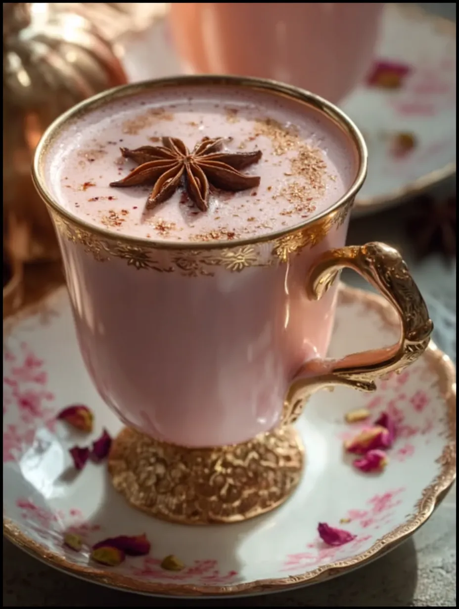 A pink drink with a gold rim and a star on top.