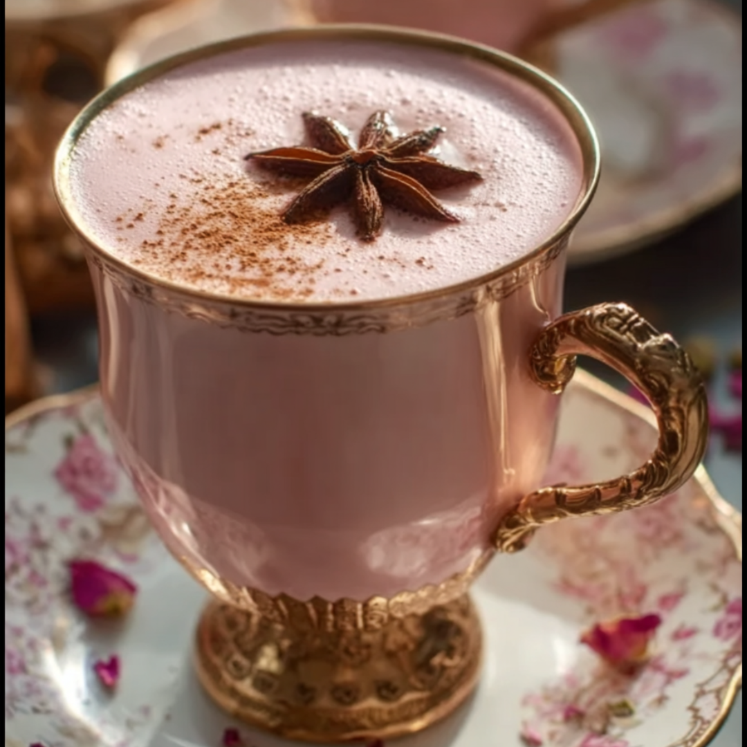 A mug filled with pink chai topped with a star shape.