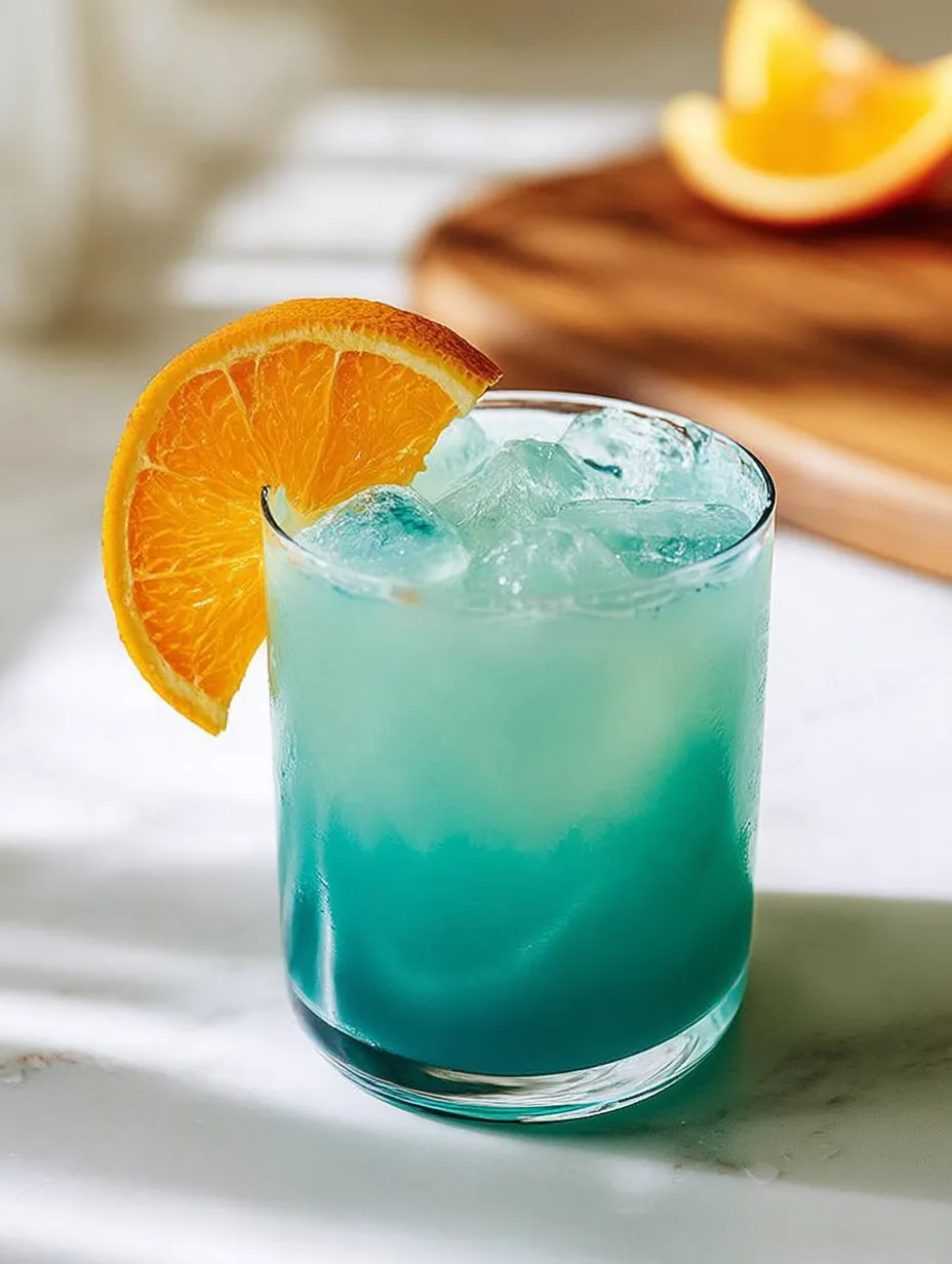 A glass of bright blue punch with fresh orange slices next to it.