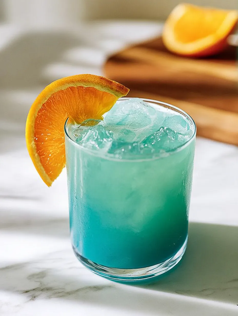 A glass full of blue punch with a slice of orange floating on top.