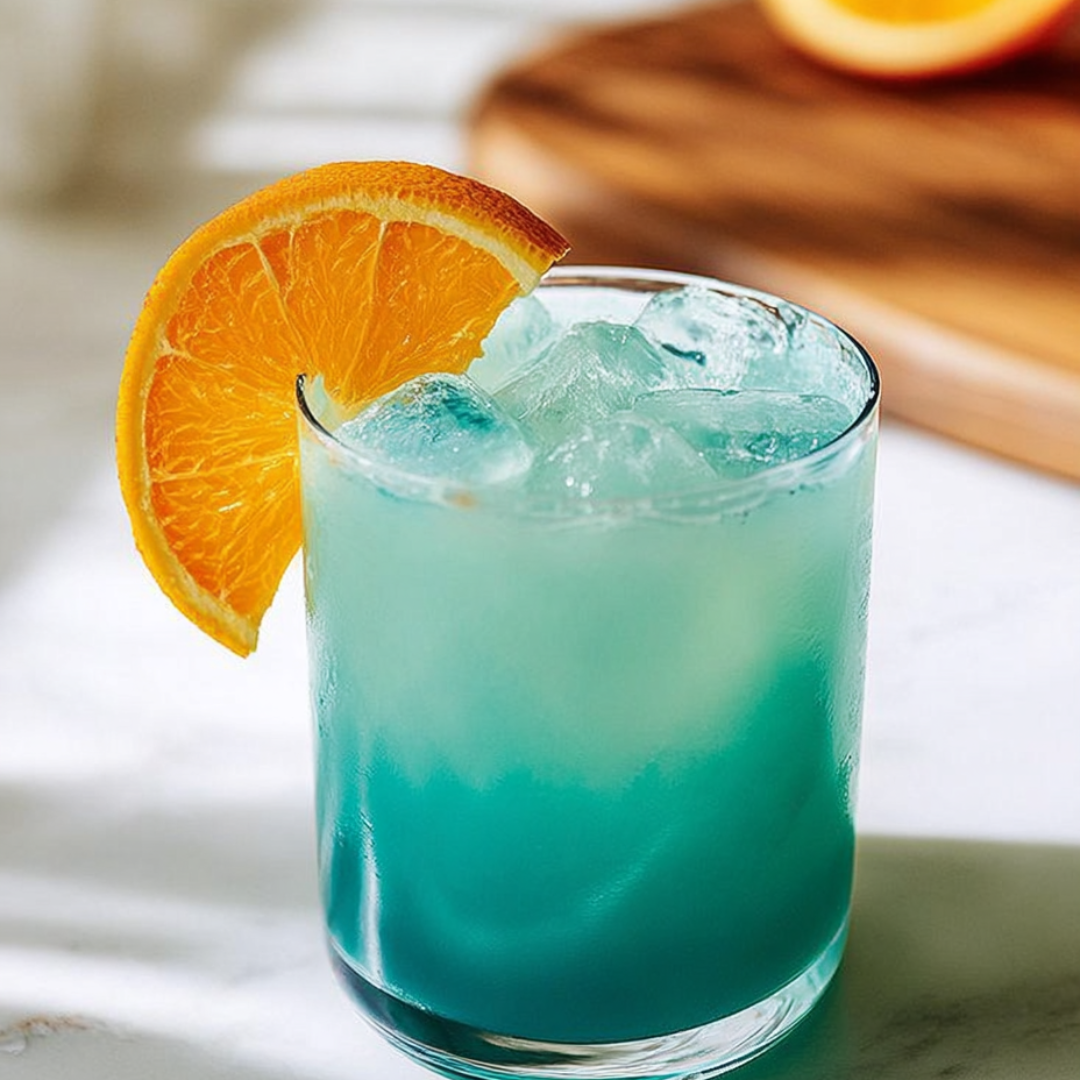 Glass filled with bright blue drink topped with a wedge of orange.