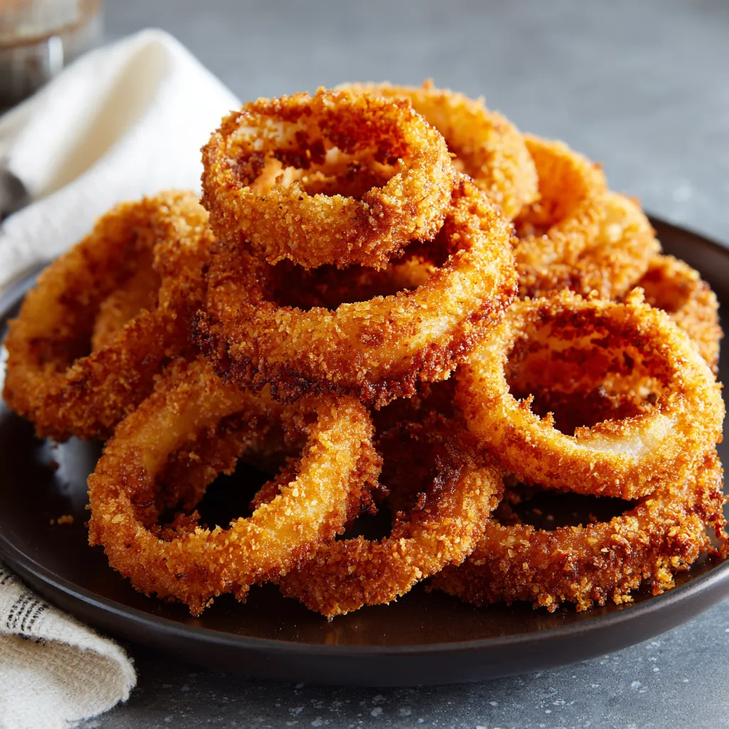 Crispy onion rings stacked on a plate.