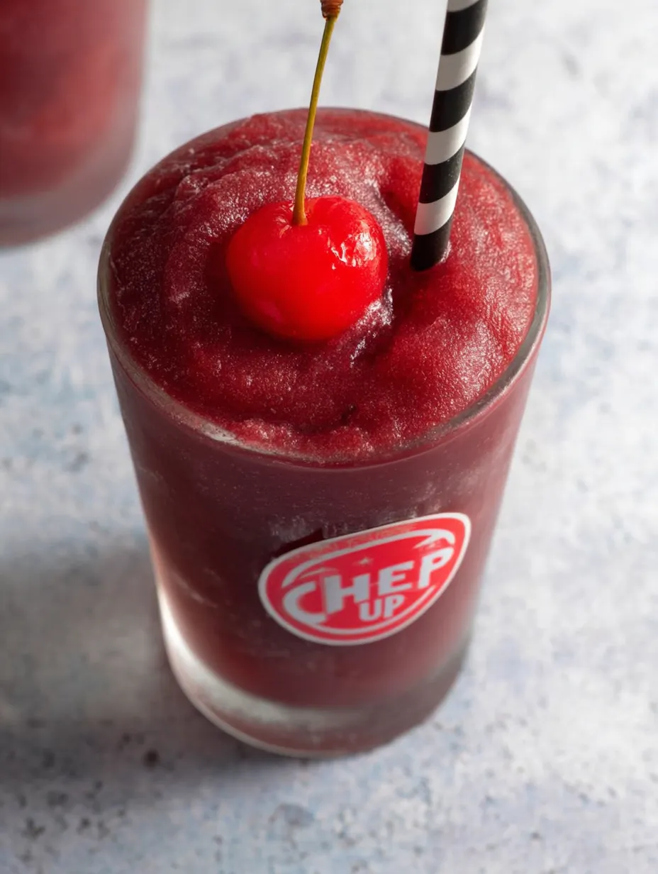 A cherry slushie in a glass with a cherry on top.