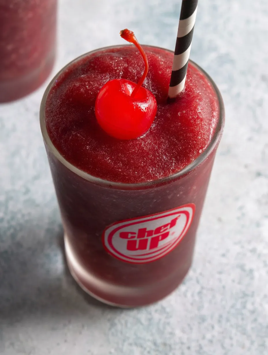A glass filled with red frozen drink and topped with a cherry.