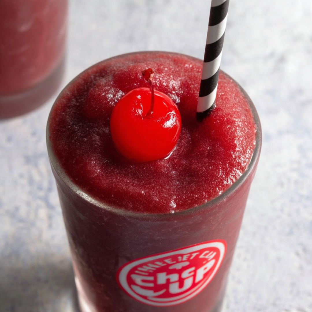Chilled red slush topped with a cherry in a glass.