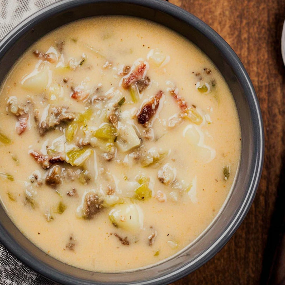 Meaty soup with veggies in a bowl, ready to eat.