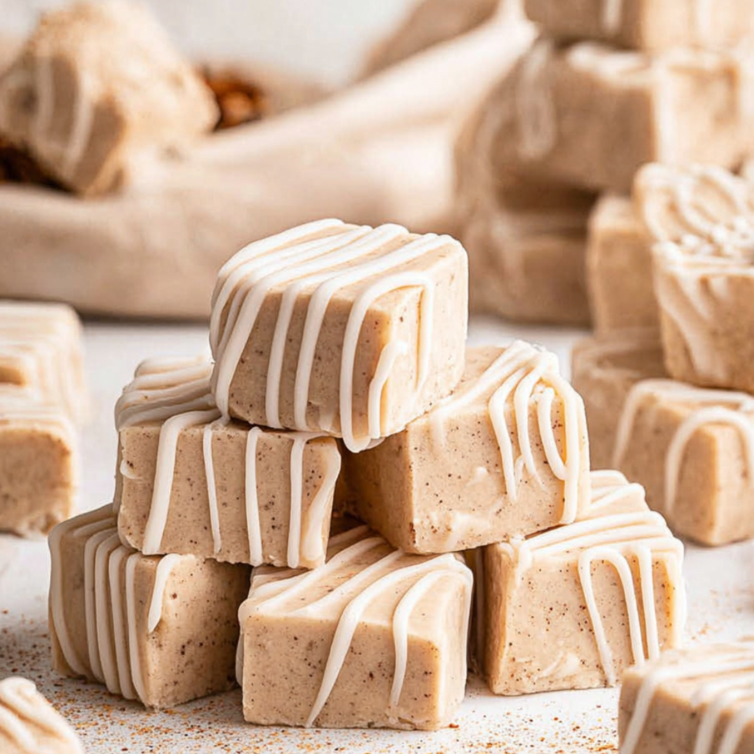 Pile of brown and white fudge treats stacked up.