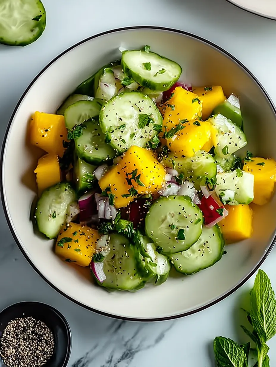 A bowl of veggies with cucumbers, onions, and peppers mixed in.