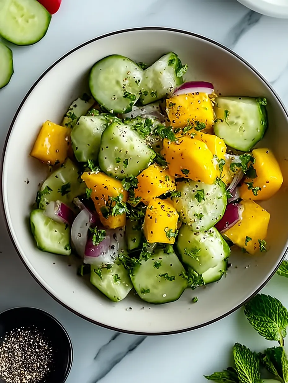 A bowl of vegetables with cucumbers, onions, and peppers mixed together.