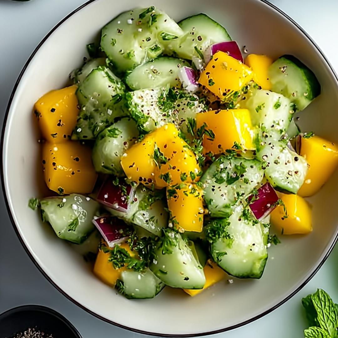 Bowl with chopped mango, cucumber, and peppers inside.