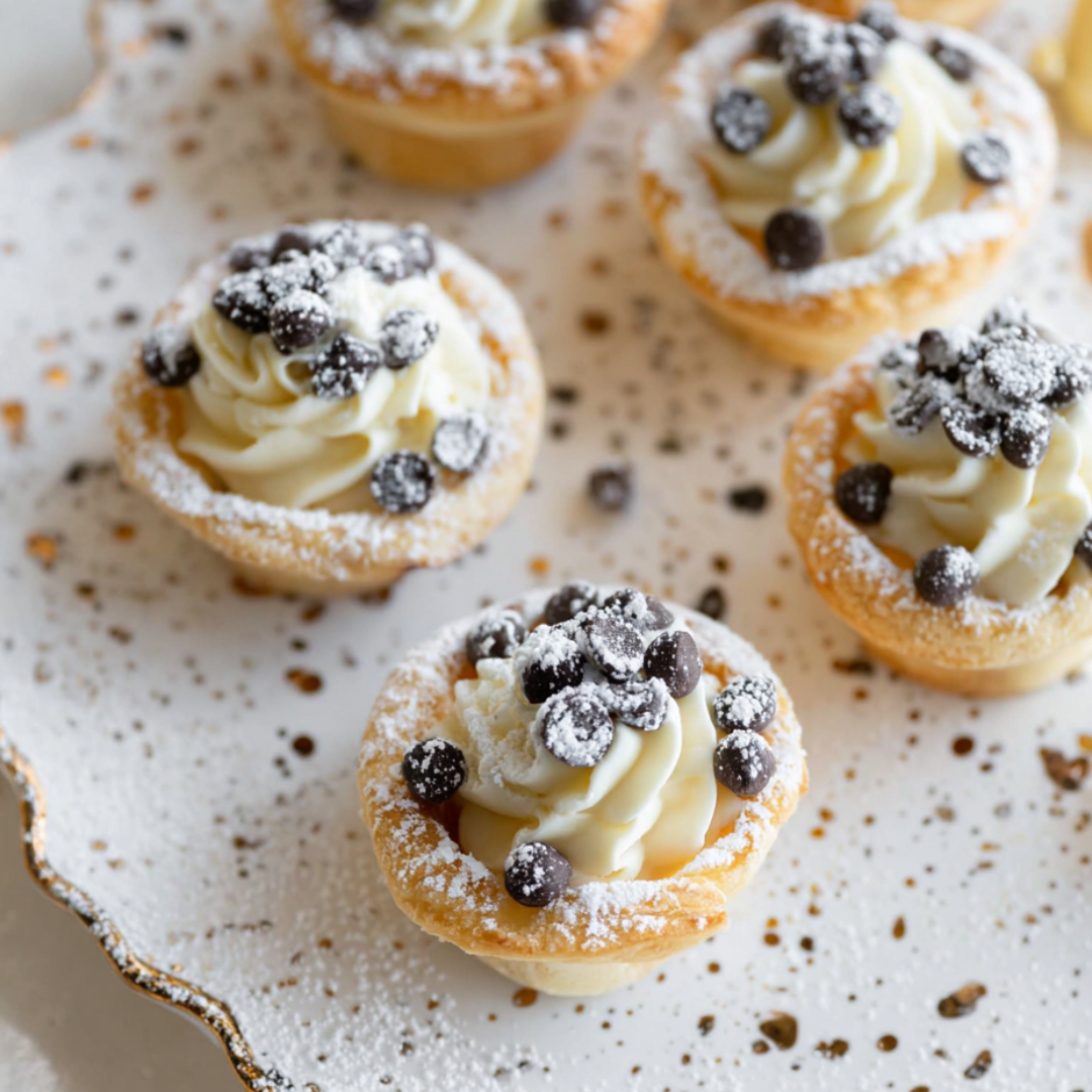 A plate of cupcakes topped with chocolate chips.