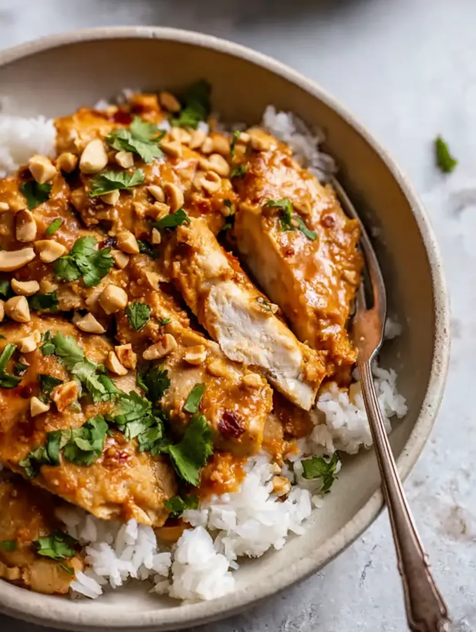 A bowl filled with rice and chicken in sauce.