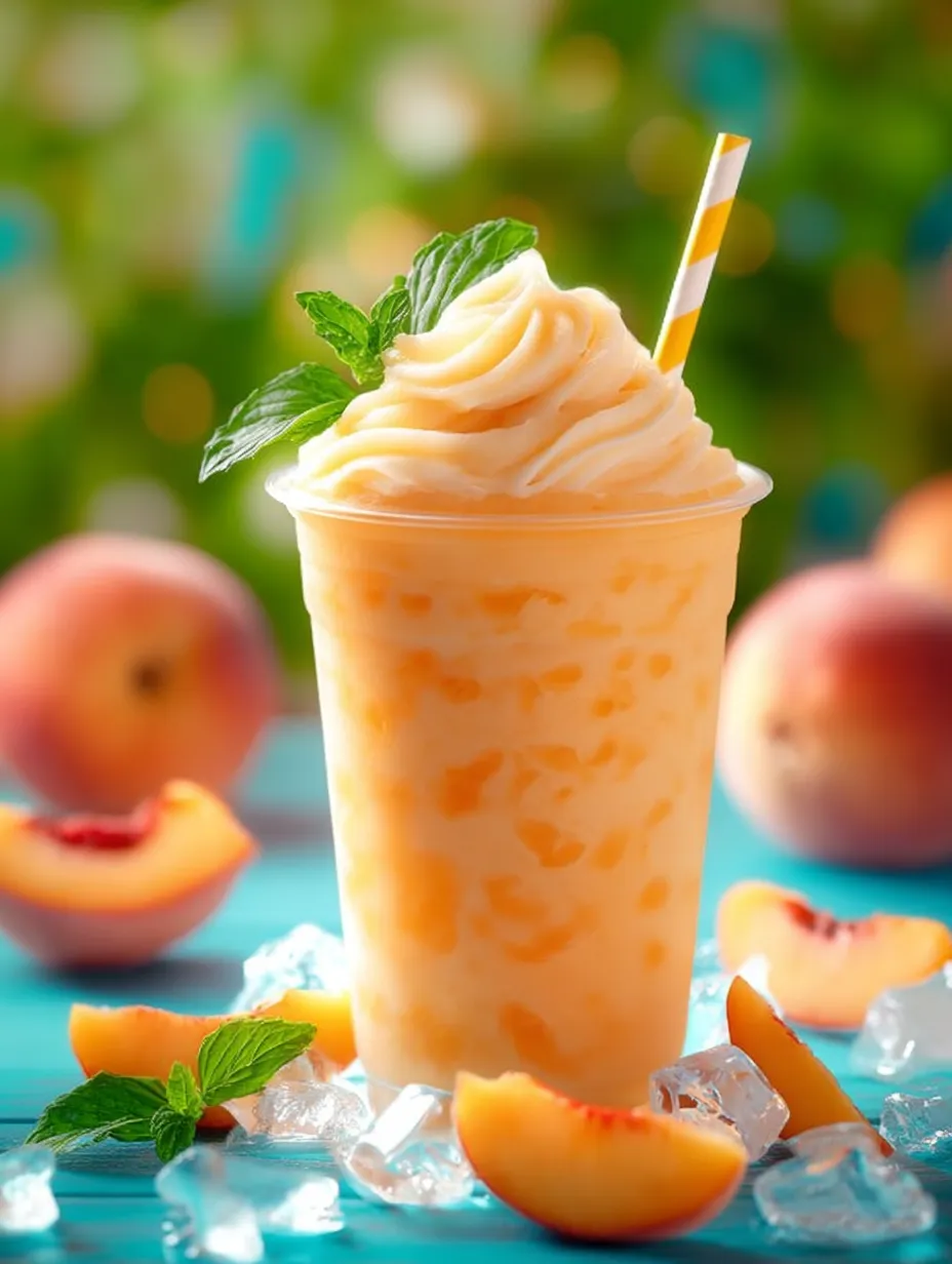 Glass filled with a peachy slushie and a straw.