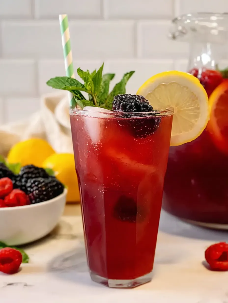 Tall glass of berry pink drink, lemon wedge, and a sprig of fresh mint on top.