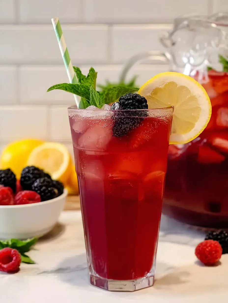 A glass filled with bright red drink and a lemon slice rimmed on top.