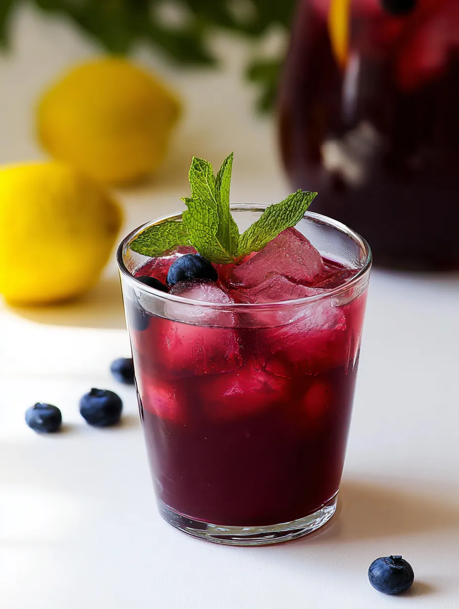 Blueberry drink in a glass with a lemon wedge resting beside it.