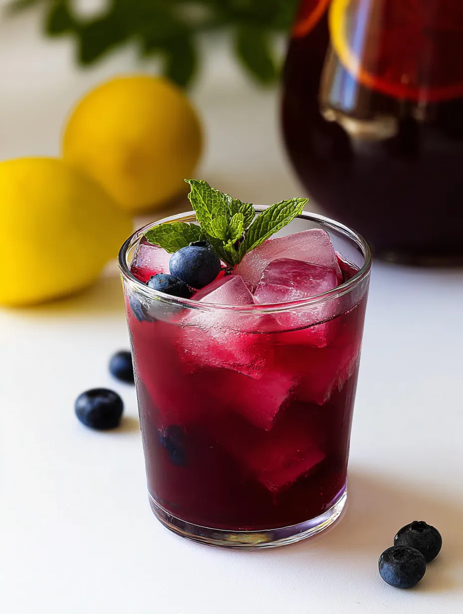 Cool blueberry drink in a glass with a lemon slice on top.