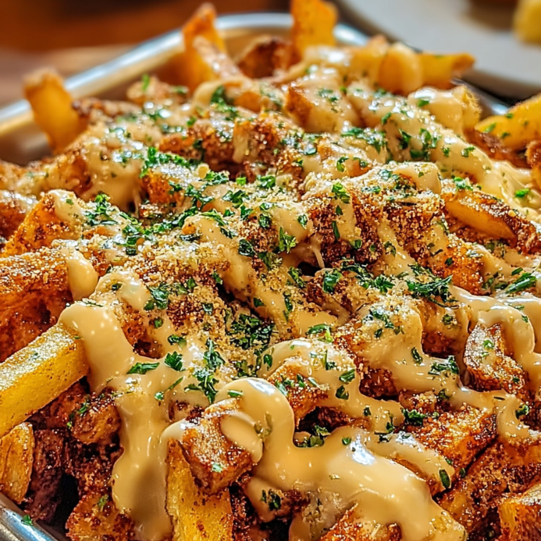 Fries loaded up with melted cheese and herbs.