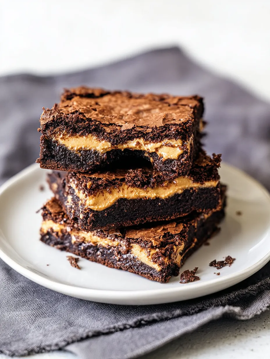 Three chocolatey bars stacked on a plate, showing the peanut butter layer inside.