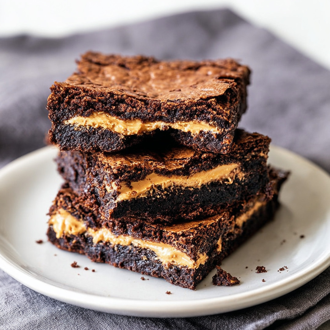 Chocolate cake on a plate topped with caramel and peanut butter.