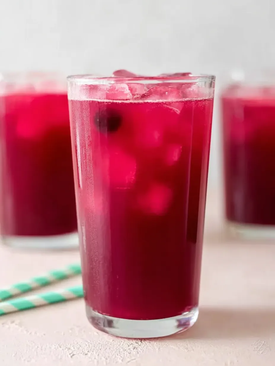 A tall pink drink with lots of ice floating inside.