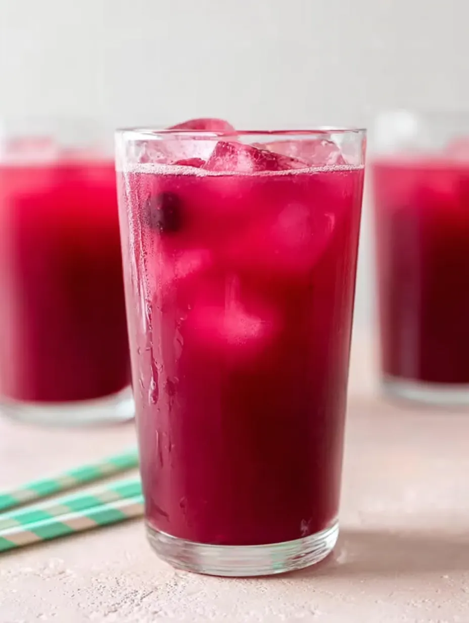 A tall glass full of magenta juice with icy cubes.