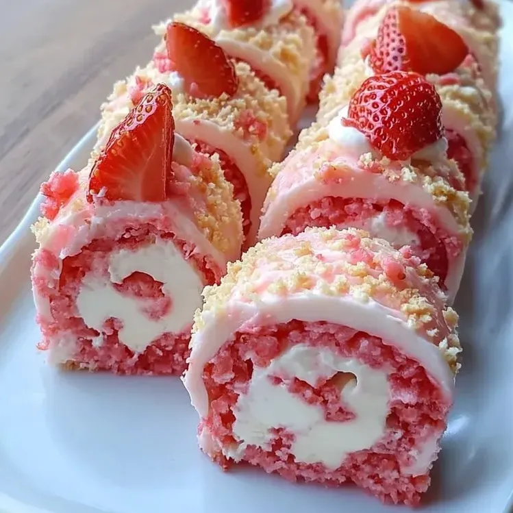 A dessert plate stacked with cake and juicy strawberries on top.