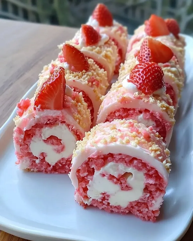 Cake slices topped with strawberries and served on a plate.