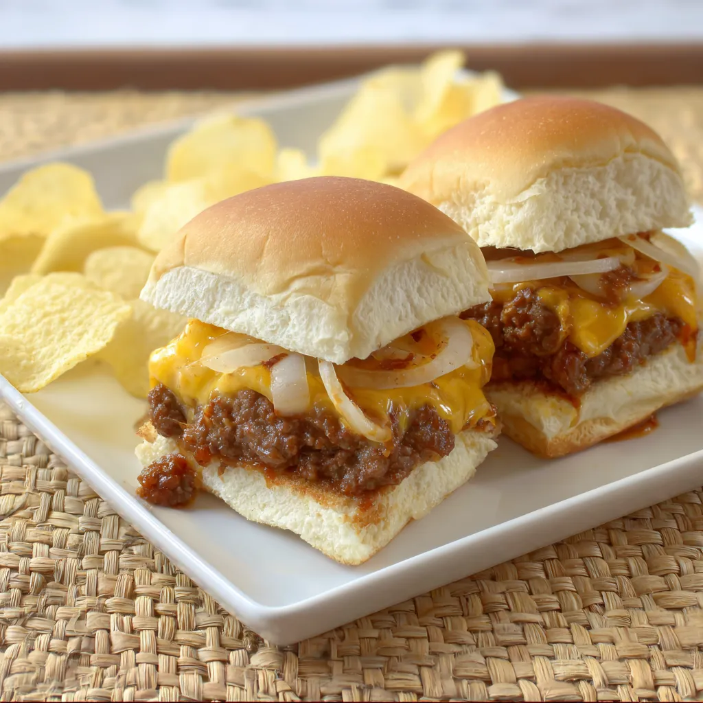 Two small burgers topped with onions sitting on a plate.