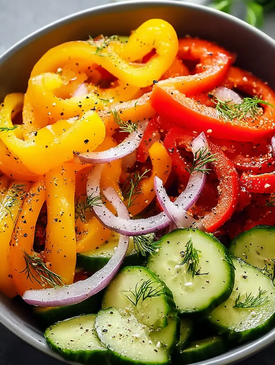 A bowl loaded with crisp cucumbers, peppers, and onion rounds.