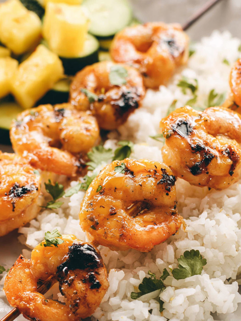 Plate stacked with shrimp and rice.