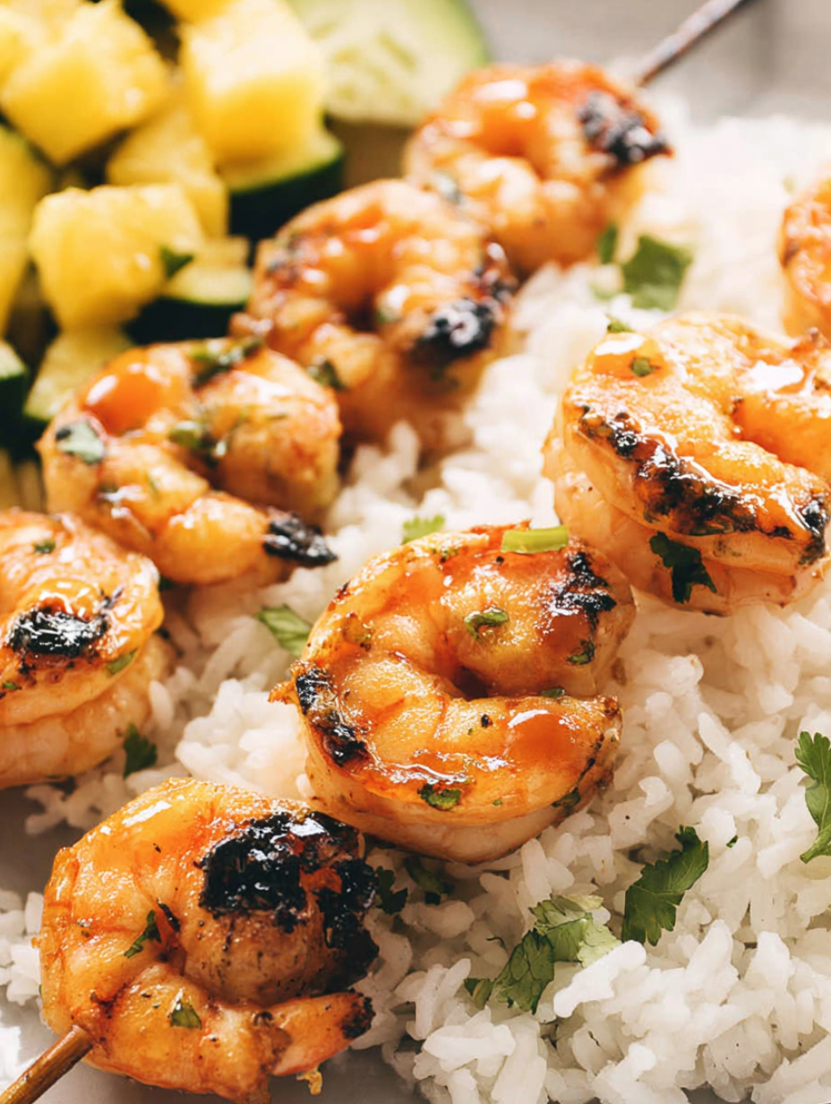 Shrimp and rice covered in sauce.