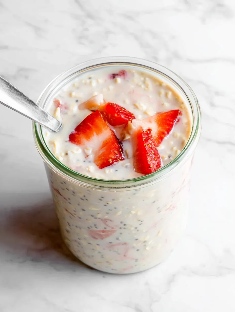 Glass filled with creamy yogurt and lots of strawberries.