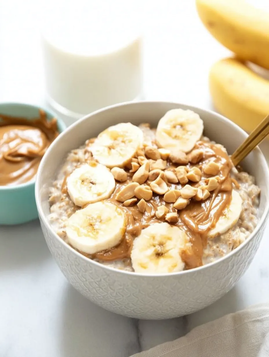 A bowl of oatmeal with bananas and peanuts.