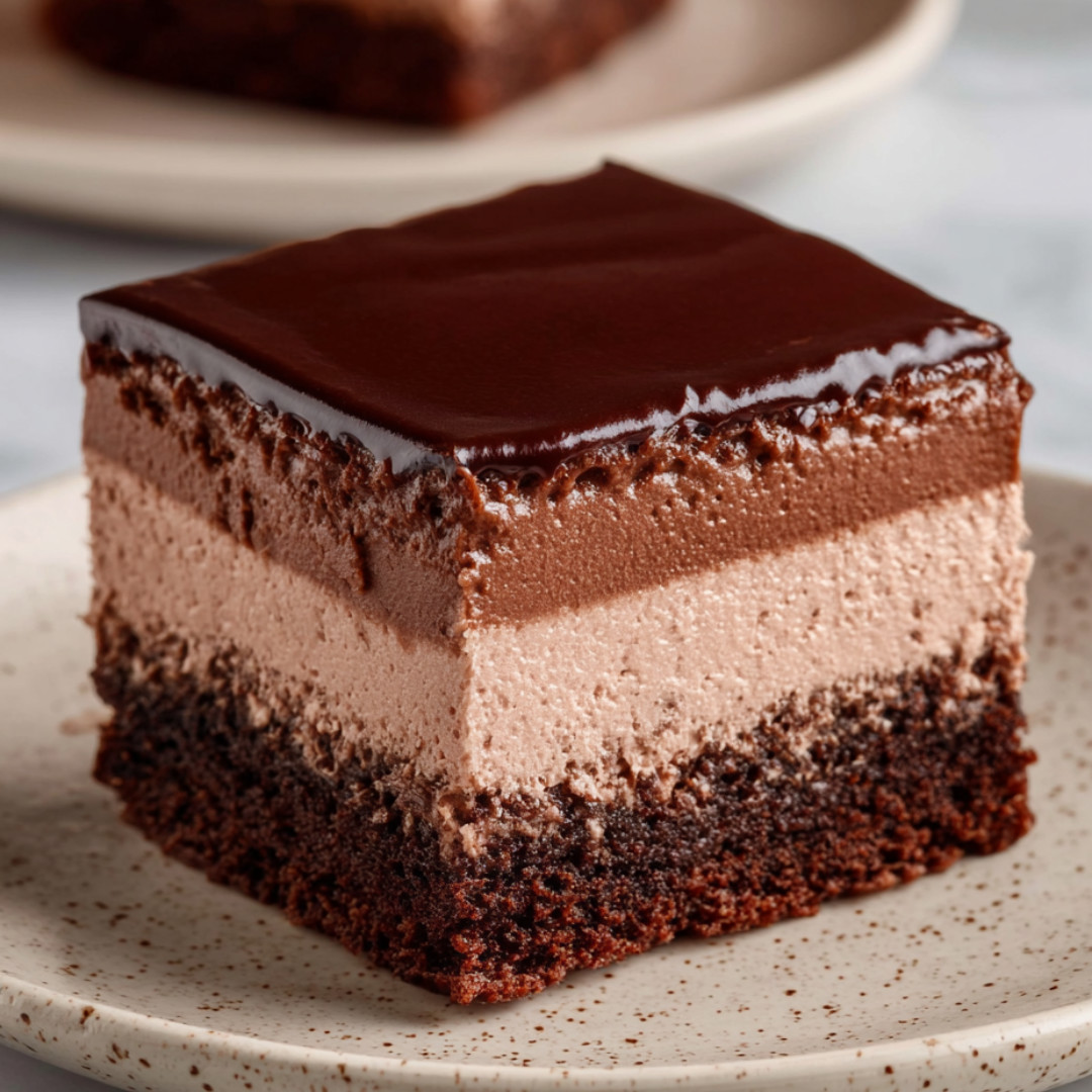 One piece of chocolate cake on a plate.