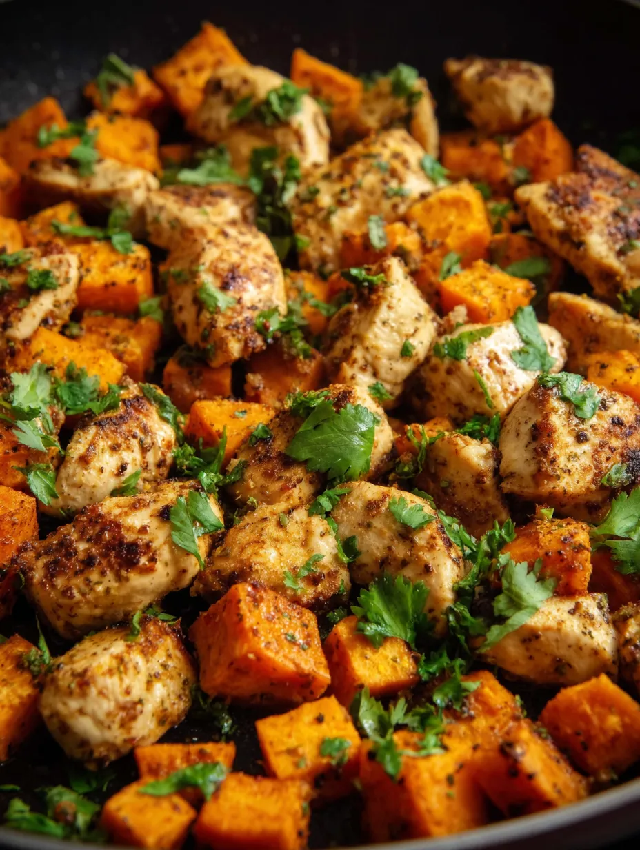 Veggies and chicken sizzling together in a pan.