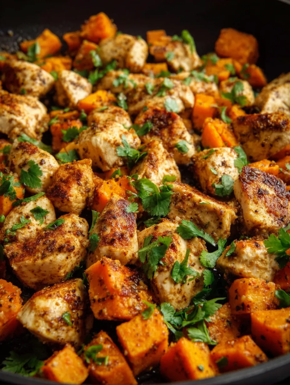 Chicken with veggies and herbs on a plate.